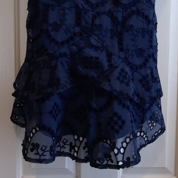 Chicways Navy Blue Eyelet Embroidered Tiered Mini Dress  Size Large - Picture 5 of 6
